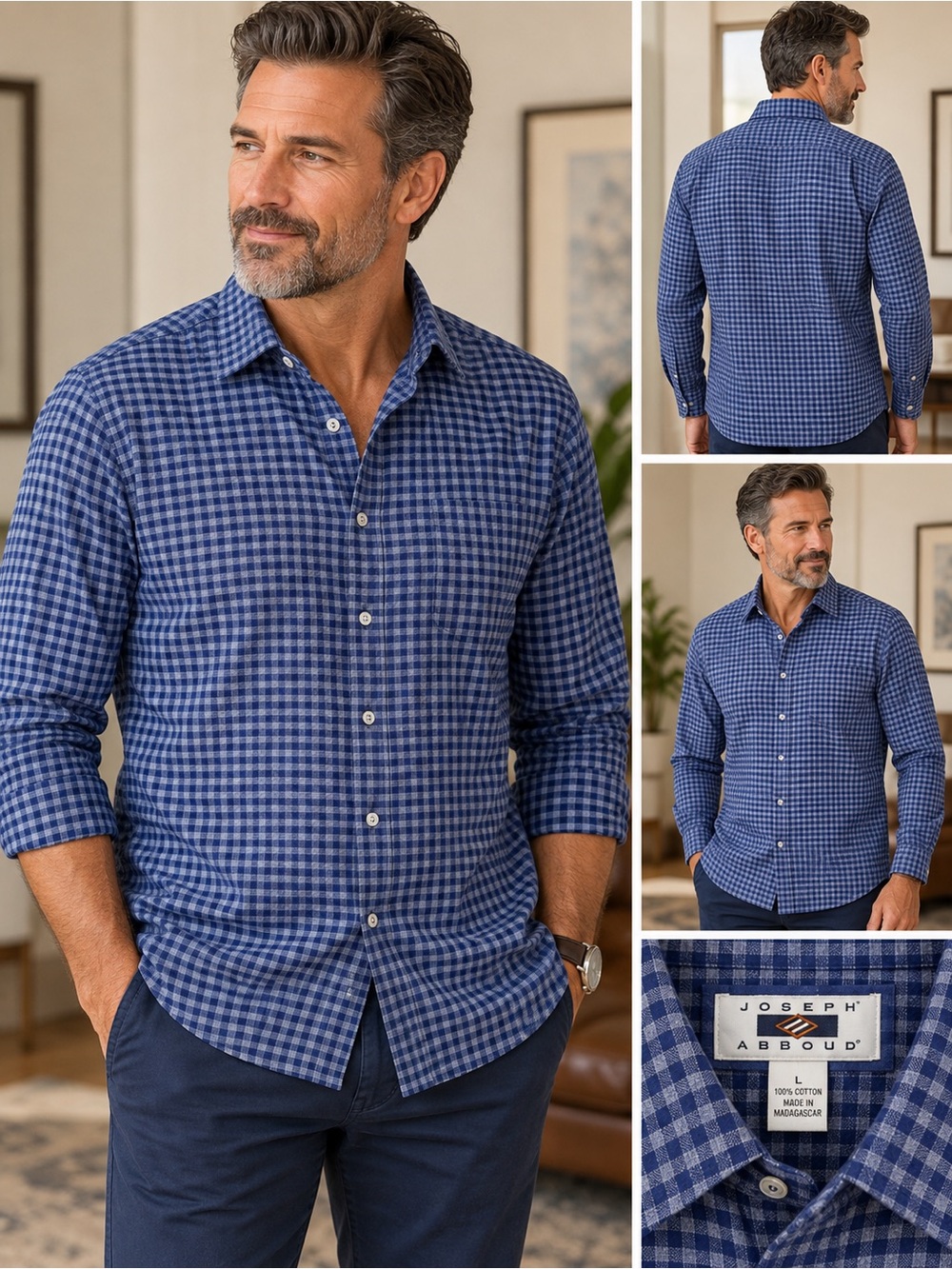 Joseph Abboud Men’s Blue Check 100% Cotton Button Down Shirt L